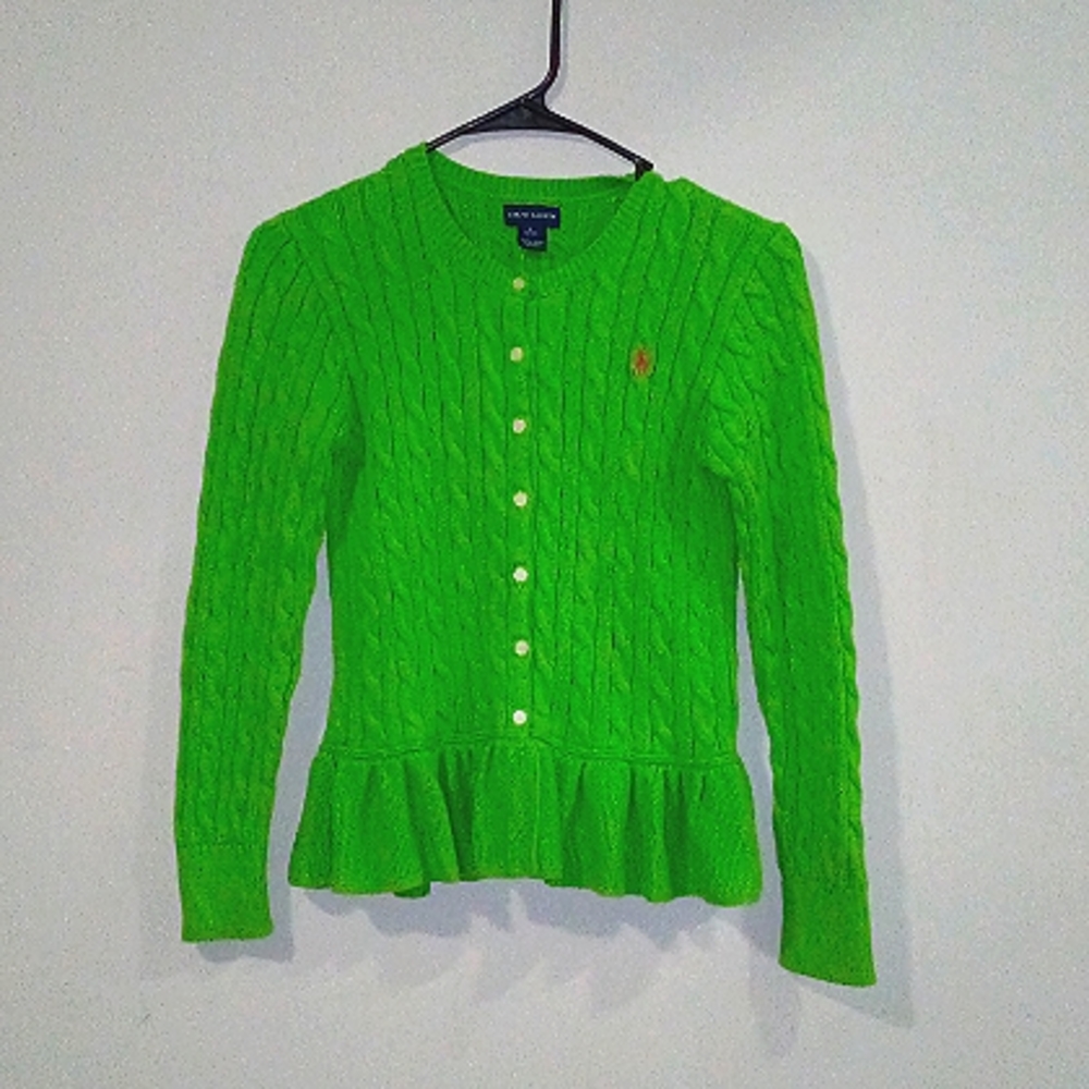 Ralph Lauren Long Sleeve Cardigan Cotton Green Sweater, Kids Size L 12-14
